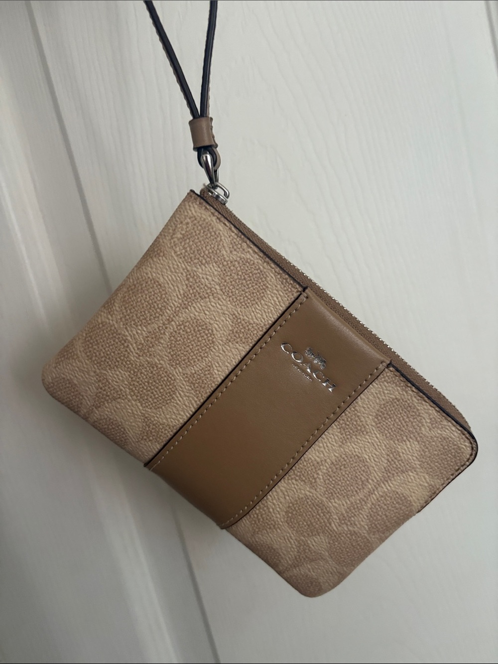 Coach Beige Signature Canvas Wristlet with Tan Leather Trim